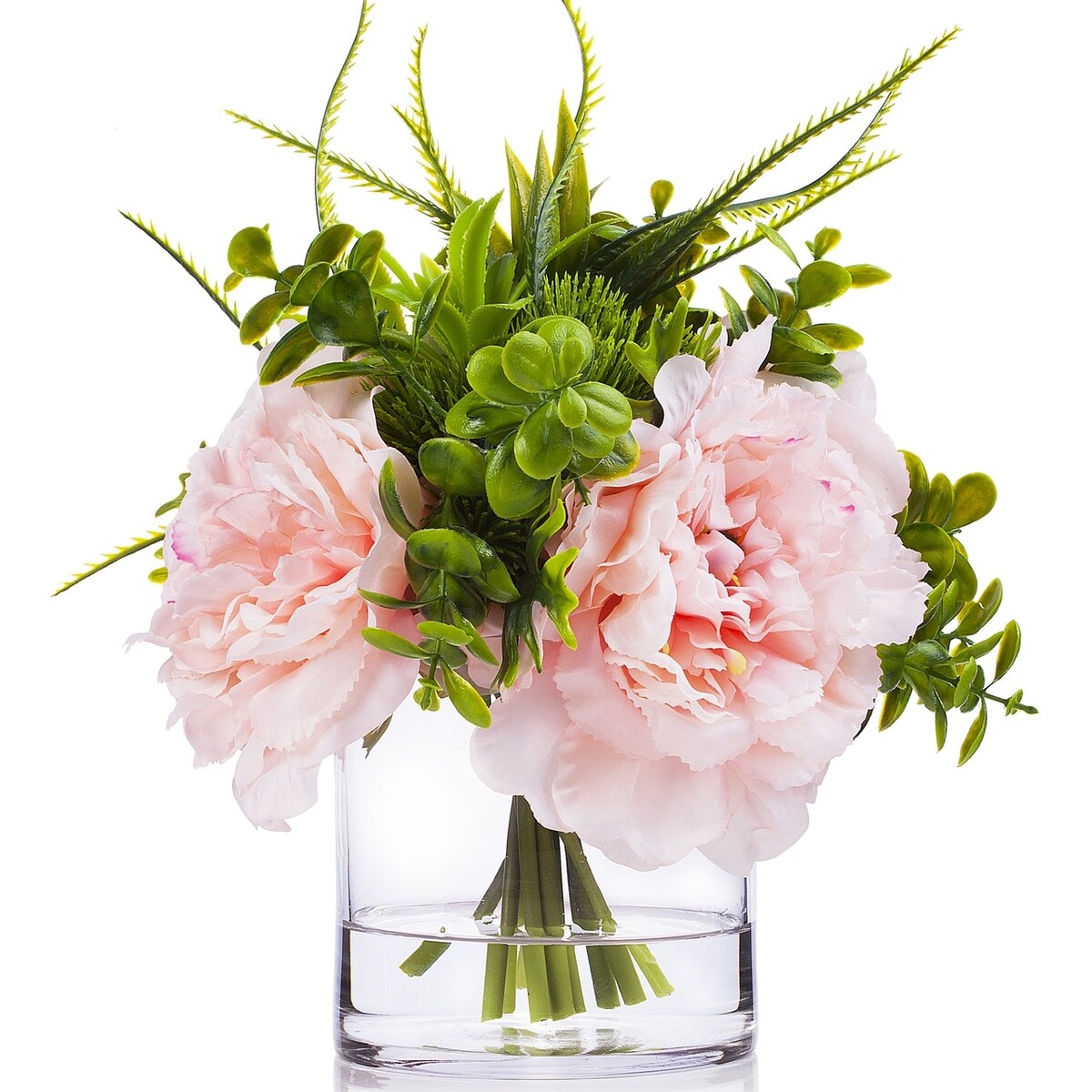 Enova Home 3 Large Artificial Silk Peony Fake Flowers with Mixed Greenery in Clear Glass Vase for Home Wedding Decoration