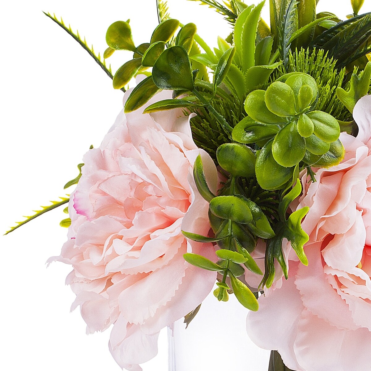 Enova Home 3 Large Artificial Silk Peony Fake Flowers with Mixed Greenery in Clear Glass Vase for Home Wedding Decoration