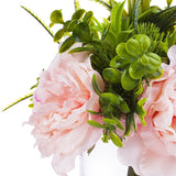 Enova Home 3 Large Artificial Silk Peony Fake Flowers with Mixed Greenery in Clear Glass Vase for Home Wedding Decoration