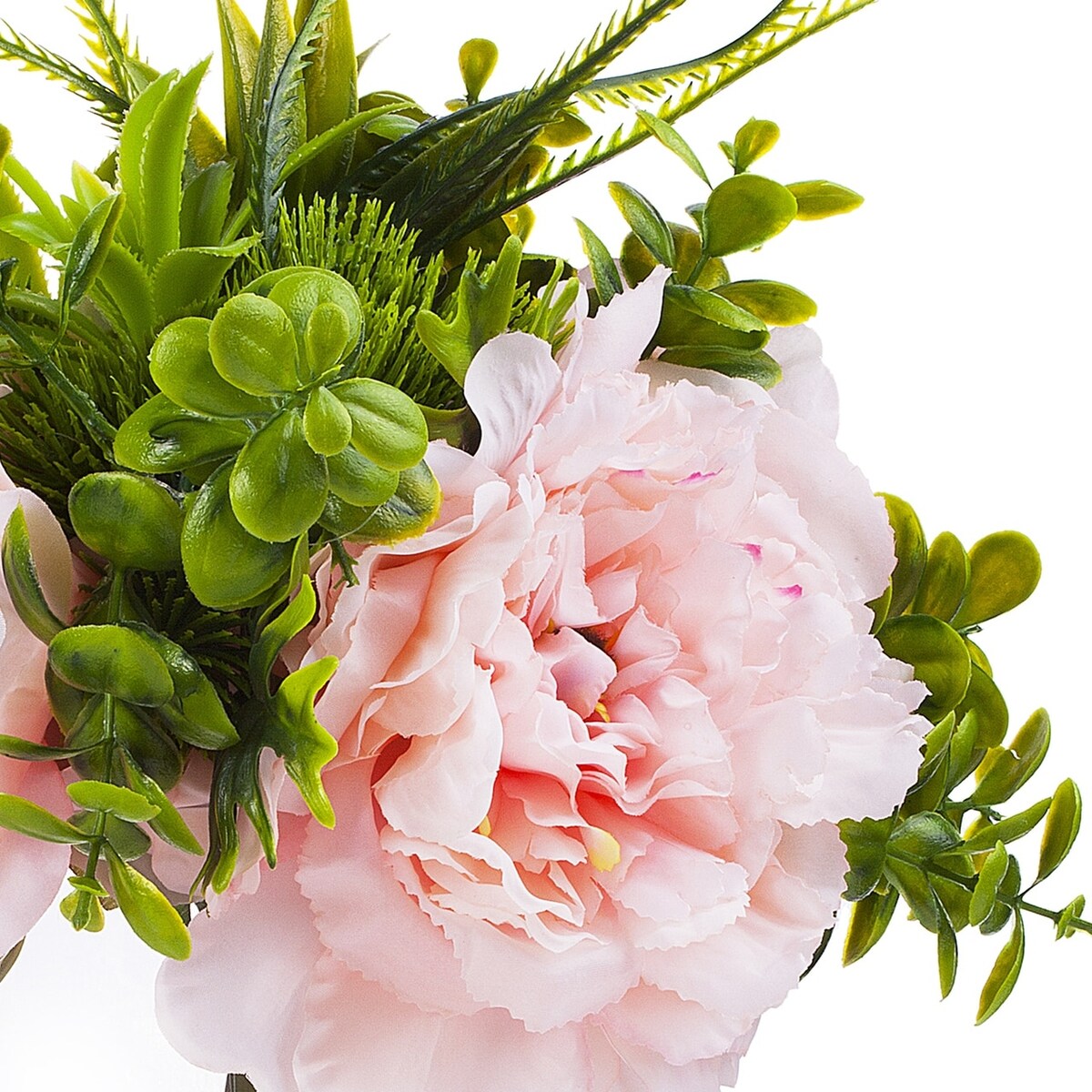 Enova Home 3 Large Artificial Silk Peony Fake Flowers with Mixed Greenery in Clear Glass Vase for Home Wedding Decoration