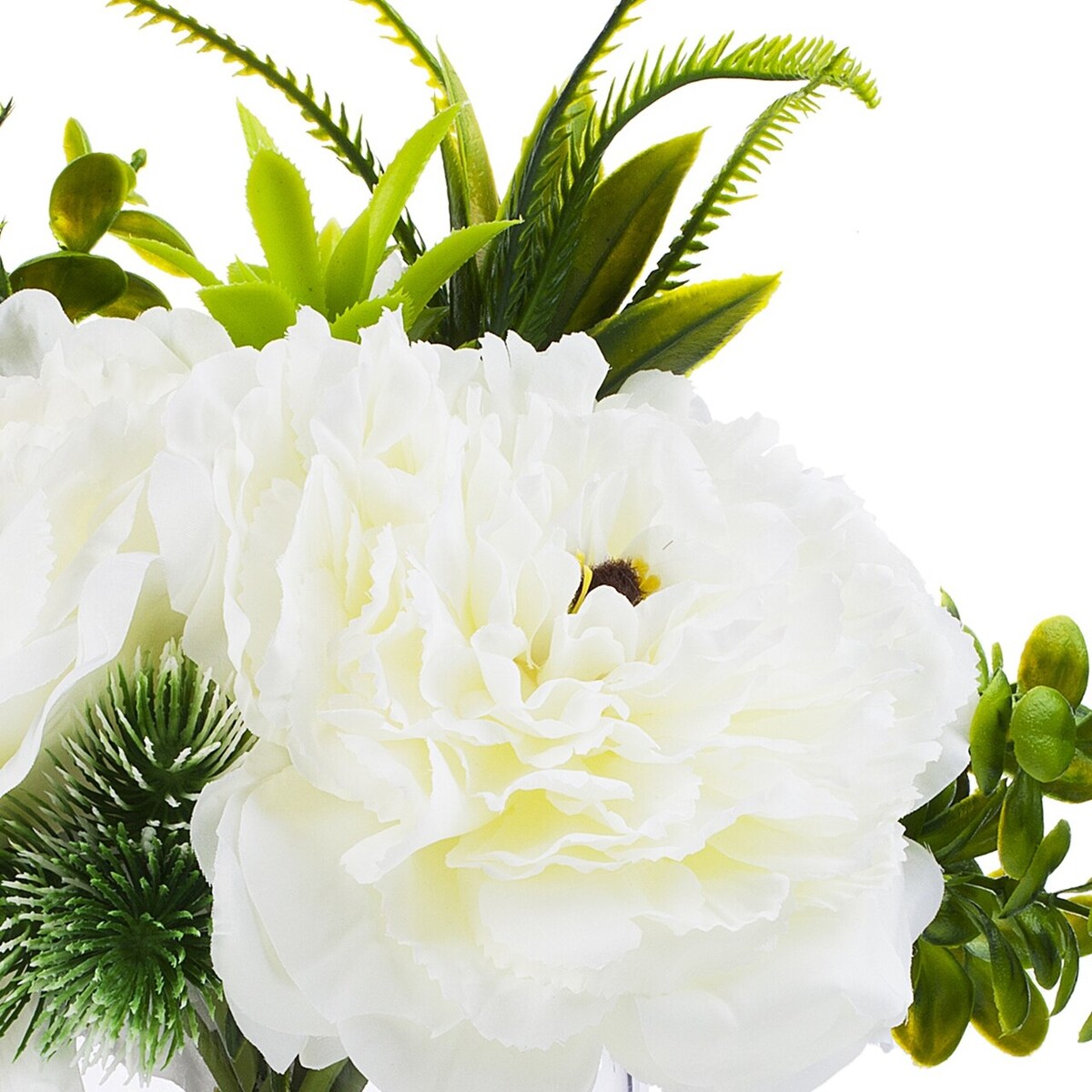 Enova Home 3 Large Artificial Silk Peony Fake Flowers with Mixed Greenery in Clear Glass Vase for Home Wedding Decoration