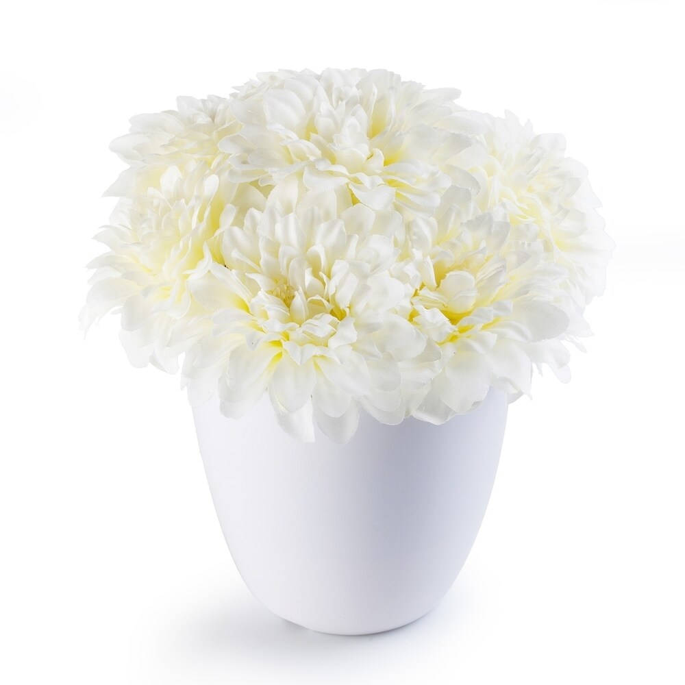 Enova Home Artificial Silk Dahlia Fake Flowers Arrangement in White Pot for Home Office Decoration