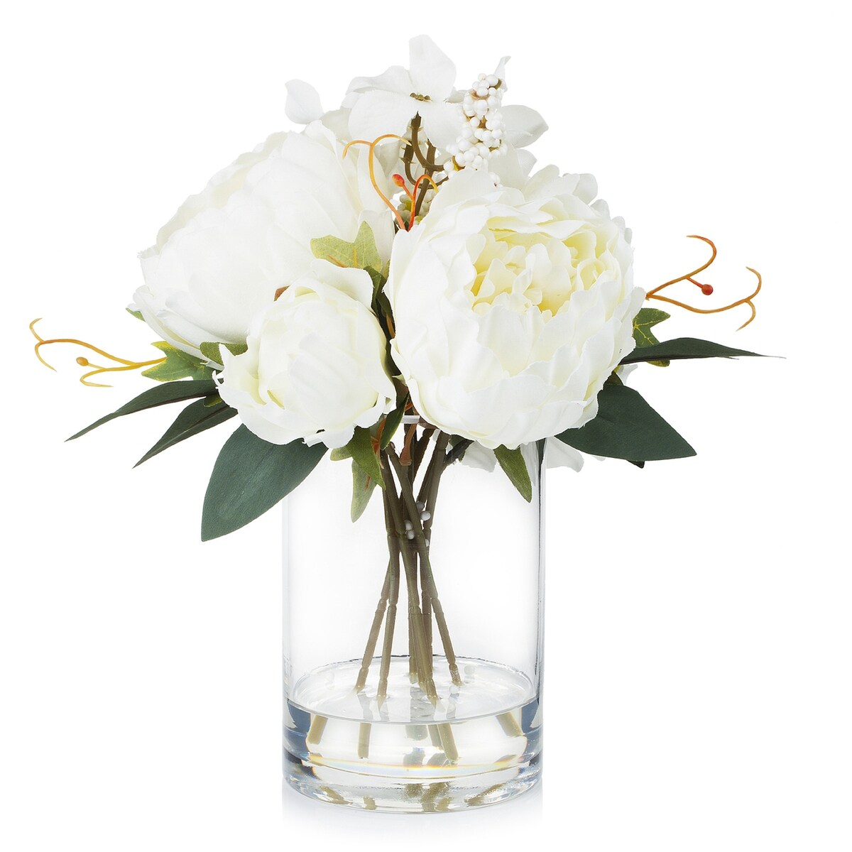 Enova Home Mixed Artificial Silk Peony and Hydrangea Fake Flowers Arrangement in Cube Glass Vase with Faux Water for Home Decor