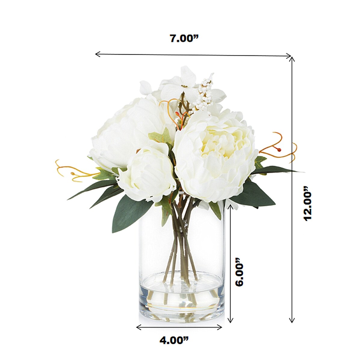 Enova Home Mixed Artificial Silk Peony and Hydrangea Fake Flowers Arrangement in Cube Glass Vase with Faux Water for Home Decor