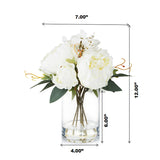 Enova Home Mixed Artificial Silk Peony and Hydrangea Fake Flowers Arrangement in Cube Glass Vase with Faux Water for Home Decor