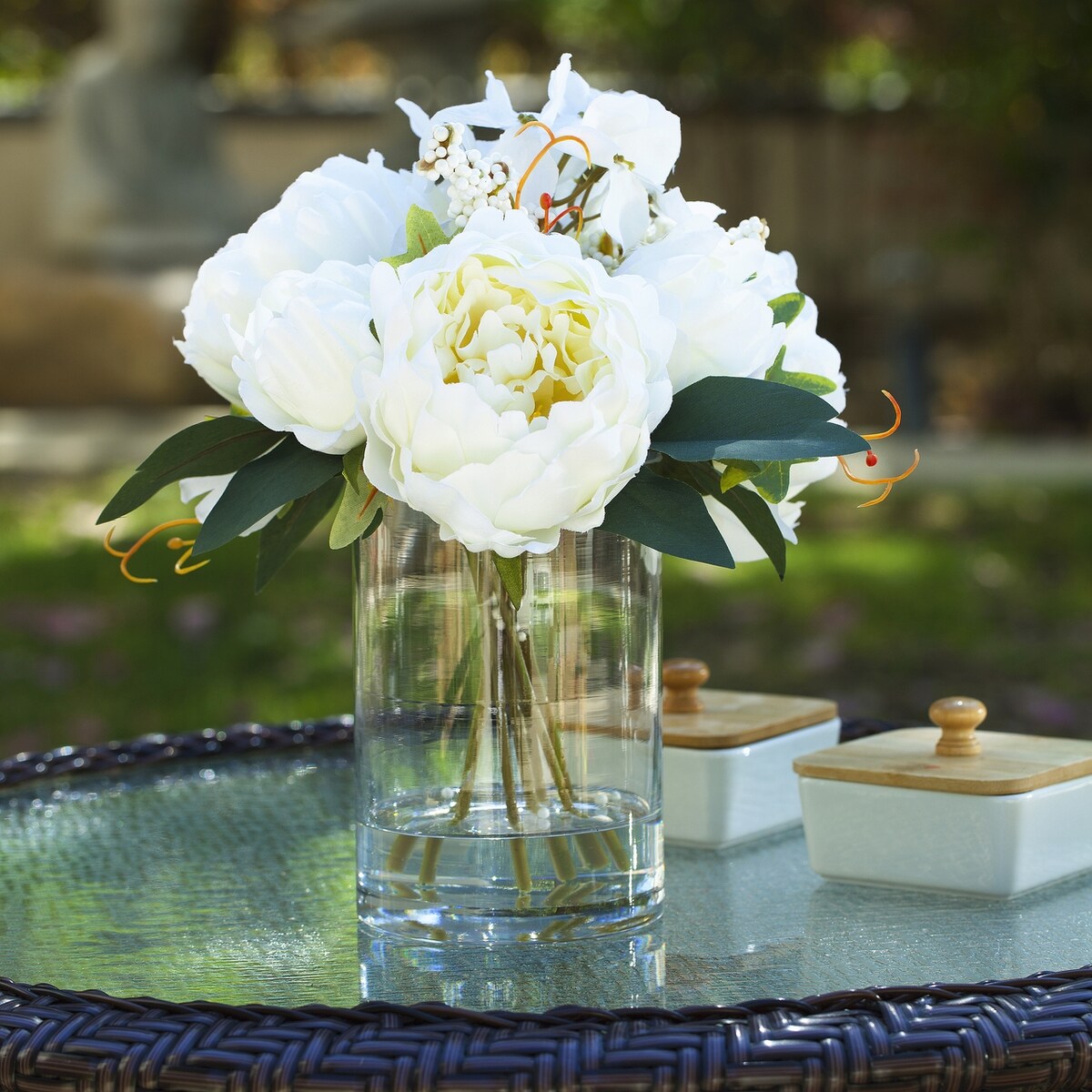 Enova Home Mixed Artificial Silk Peony and Hydrangea Fake Flowers Arrangement in Cube Glass Vase with Faux Water for Home Decor