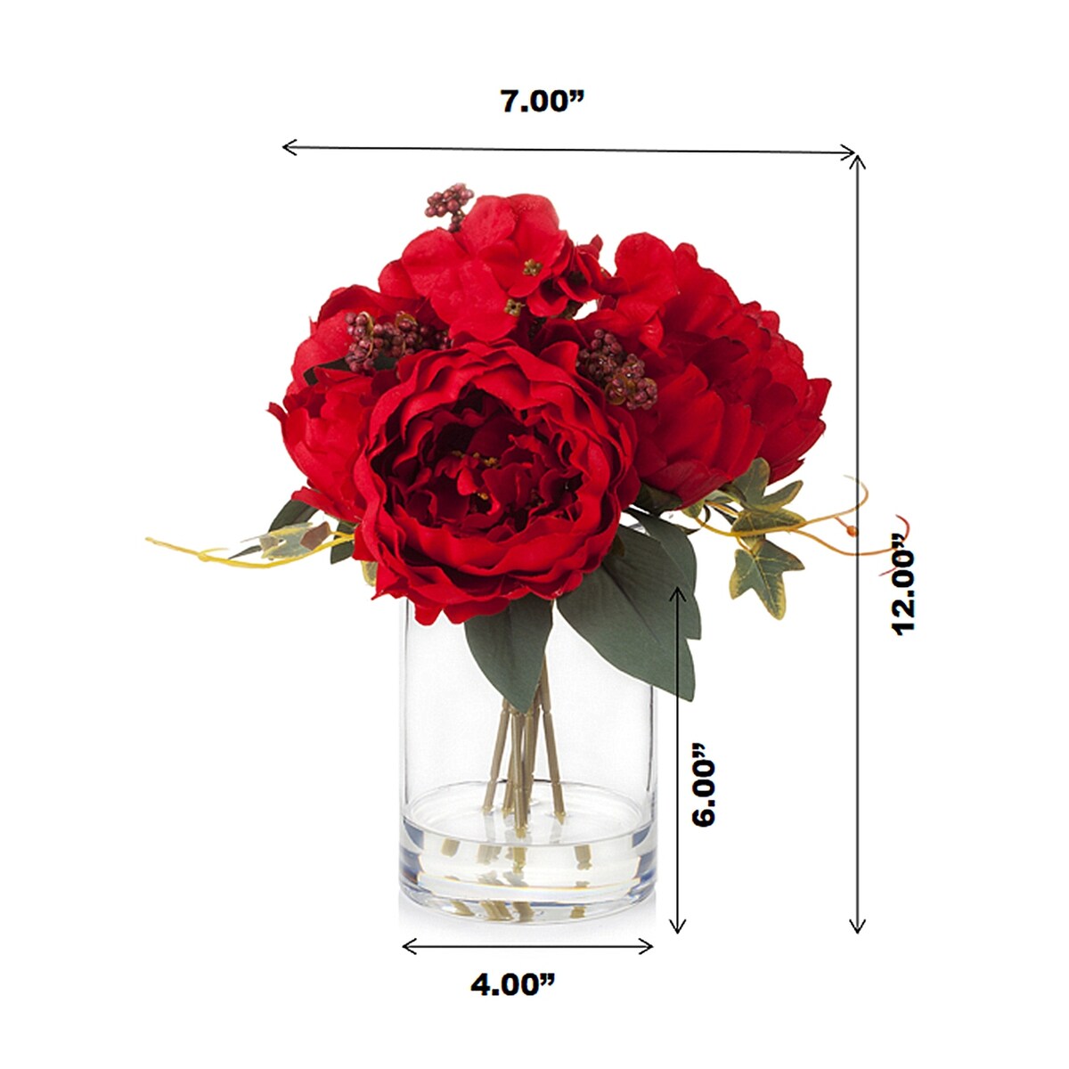 Enova Home Mixed Artificial Silk Peony and Hydrangea Fake Flowers Arrangement in Cube Glass Vase with Faux Water for Home Decor