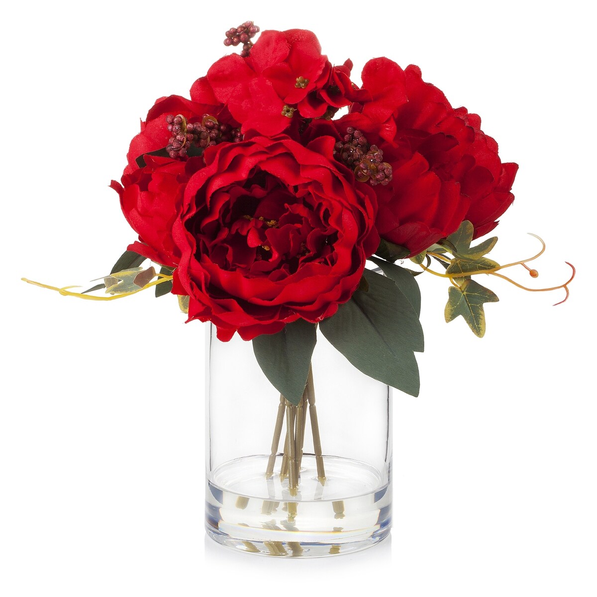 Enova Home Mixed Artificial Silk Peony and Hydrangea Fake Flowers Arrangement in Cube Glass Vase with Faux Water for Home Decor