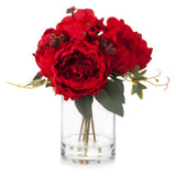 Enova Home Mixed Artificial Silk Peony and Hydrangea Fake Flowers Arrangement in Cube Glass Vase with Faux Water for Home Decor