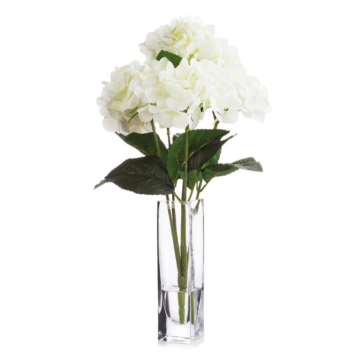 Enova Home Artificial Natural Touch Hydrangea Fake Silk Flowers in Clear Glass Vase with Faux Water for Home Decoration
