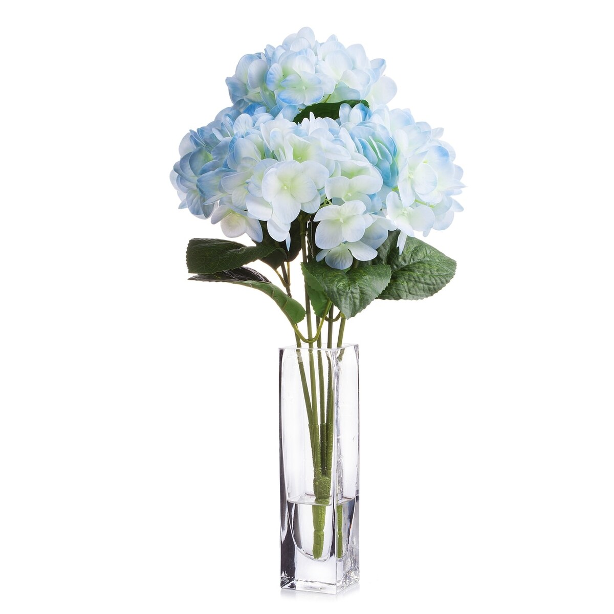 Enova Home Artificial Natural Touch Hydrangea Fake Silk Flowers in Clear Glass Vase with Faux Water for Home Decoration