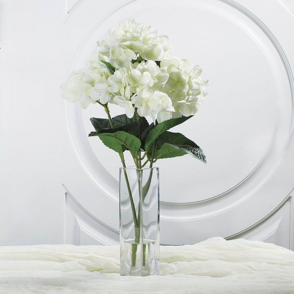 Enova Home Artificial Natural Touch Hydrangea Fake Silk Flowers in Clear Glass Vase with Faux Water for Home Decoration