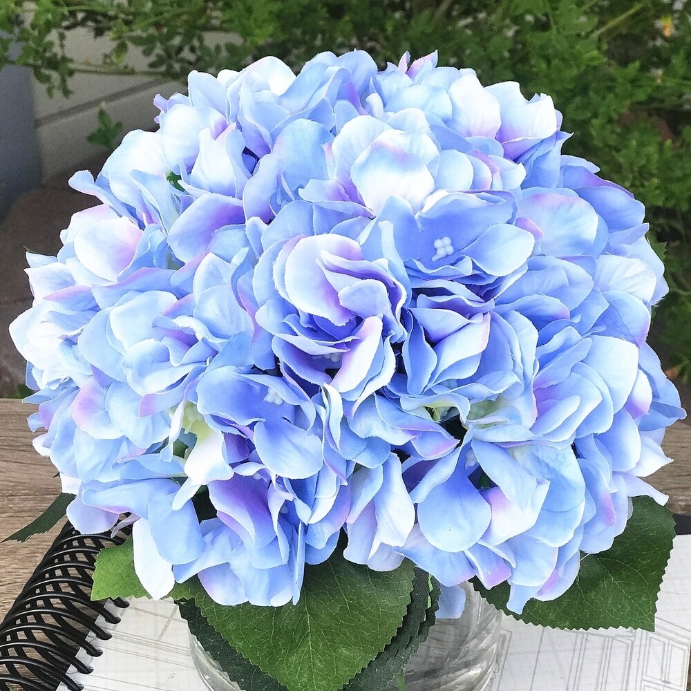 Enova Home Artificial Silk Hydrangea Fake Flowers Arrangement in Clear Vase with Faux Water for Home Wedding Centerpiece - N/A