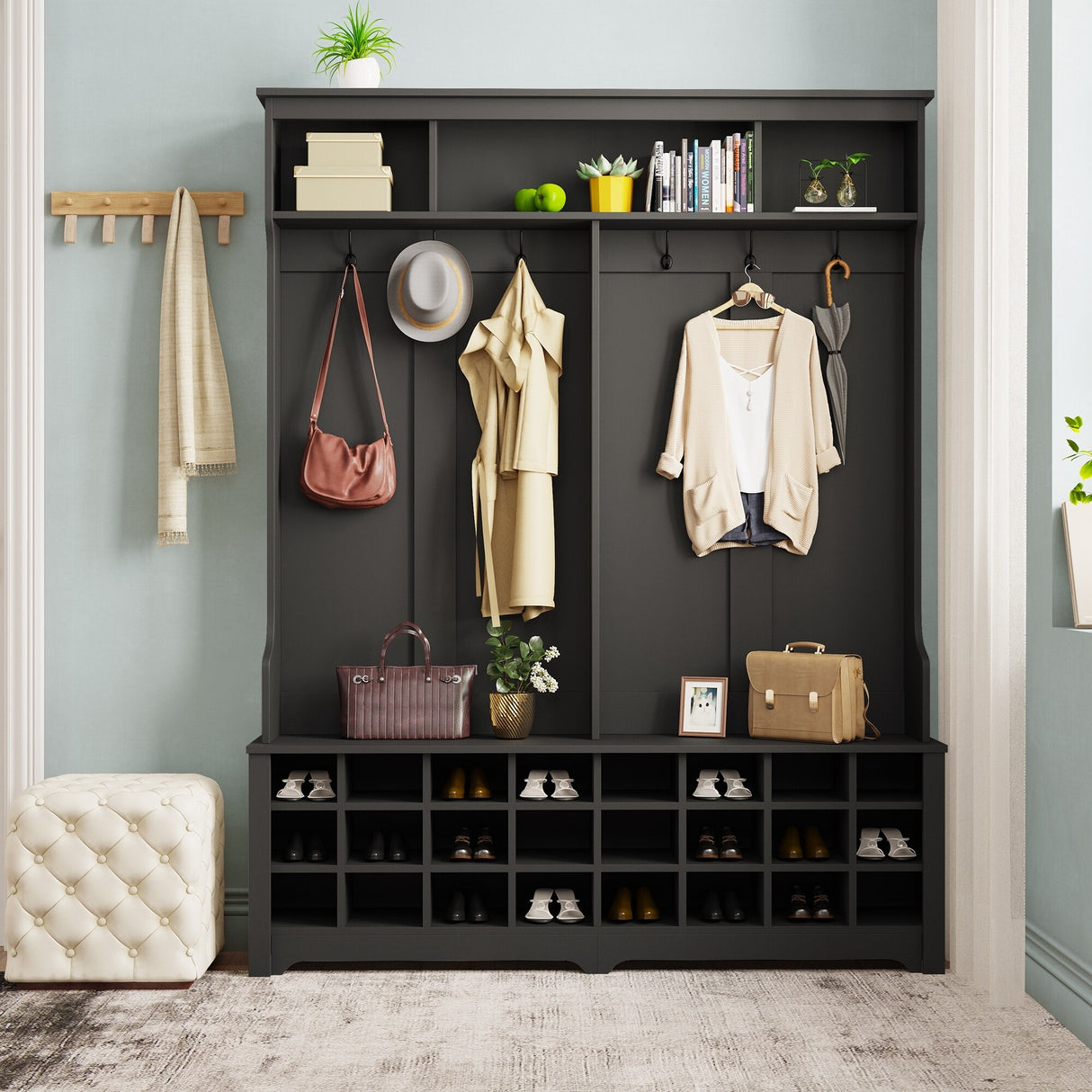 Entryway Bench 60" Wide Hall Tree with Ample Storage Space