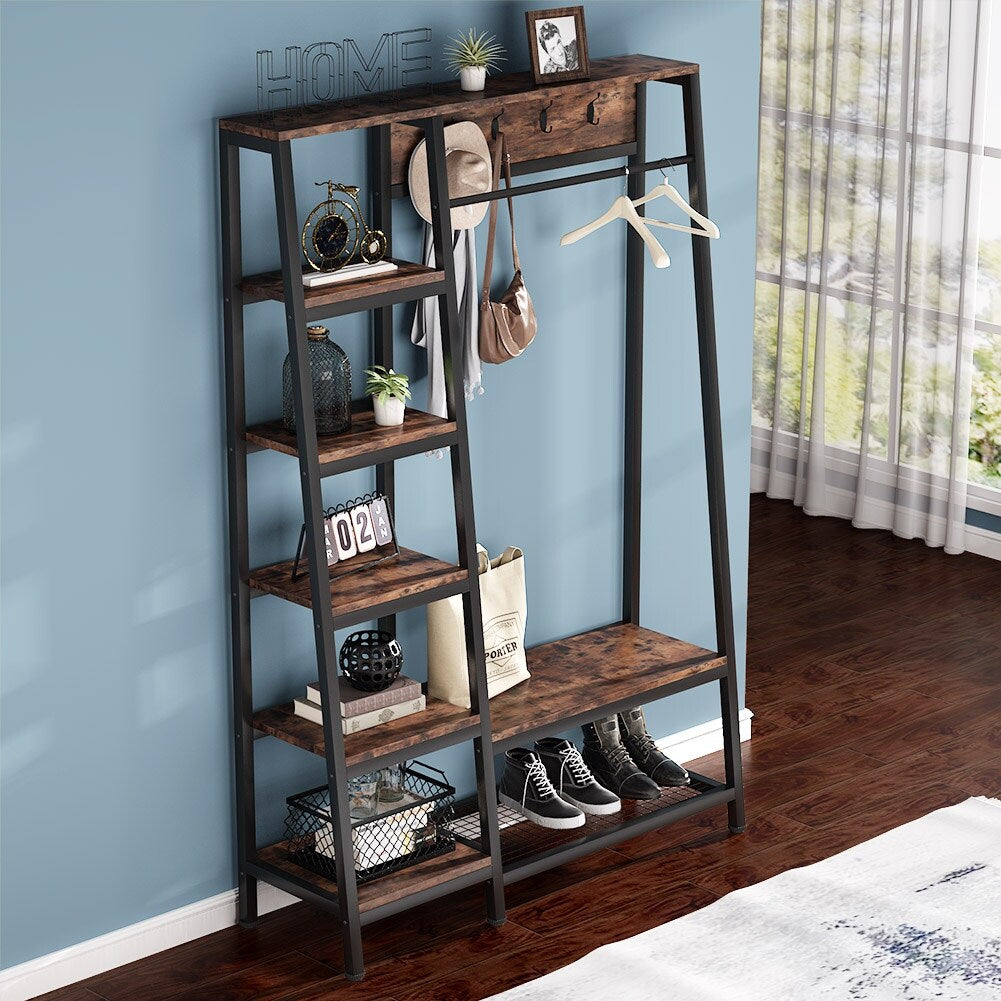 Entryway Coat Rack, Hall Trees with Hooks, Shelves and Bench