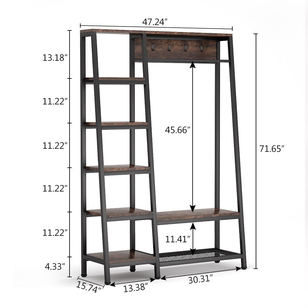 Entryway Coat Rack, Hall Trees with Hooks, Shelves and Bench