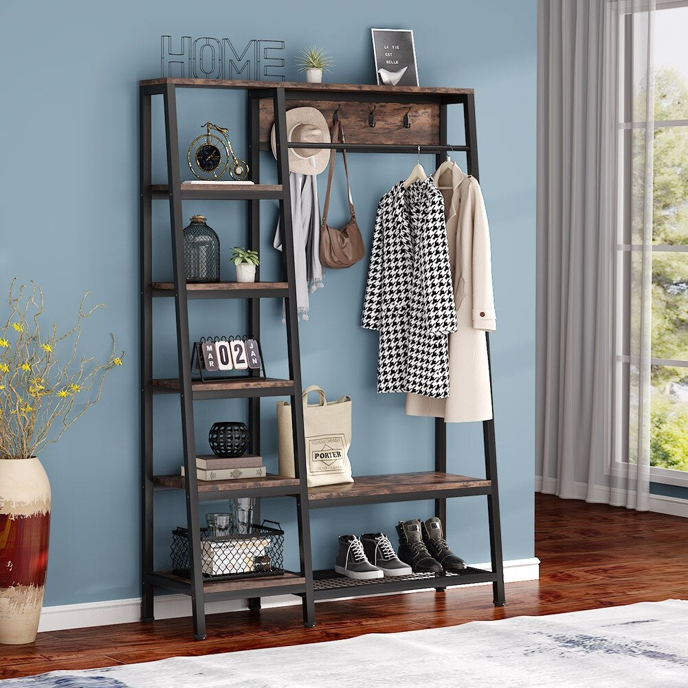 Entryway Coat Rack, Hall Trees with Hooks, Shelves and Bench