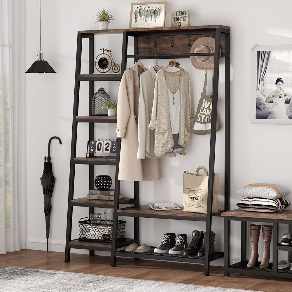 Entryway Coat Rack, Hall Trees with Hooks, Shelves and Bench