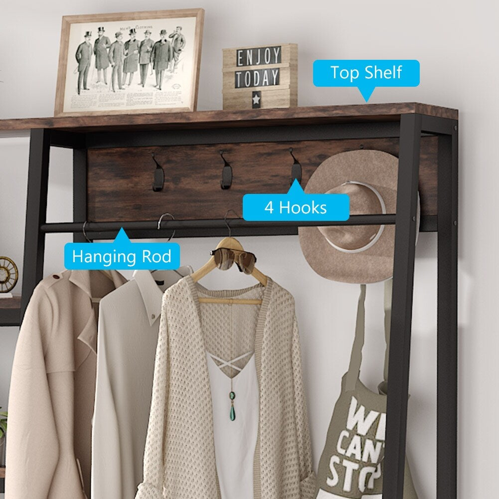 Entryway Coat Rack, Hall Trees with Hooks, Shelves and Bench