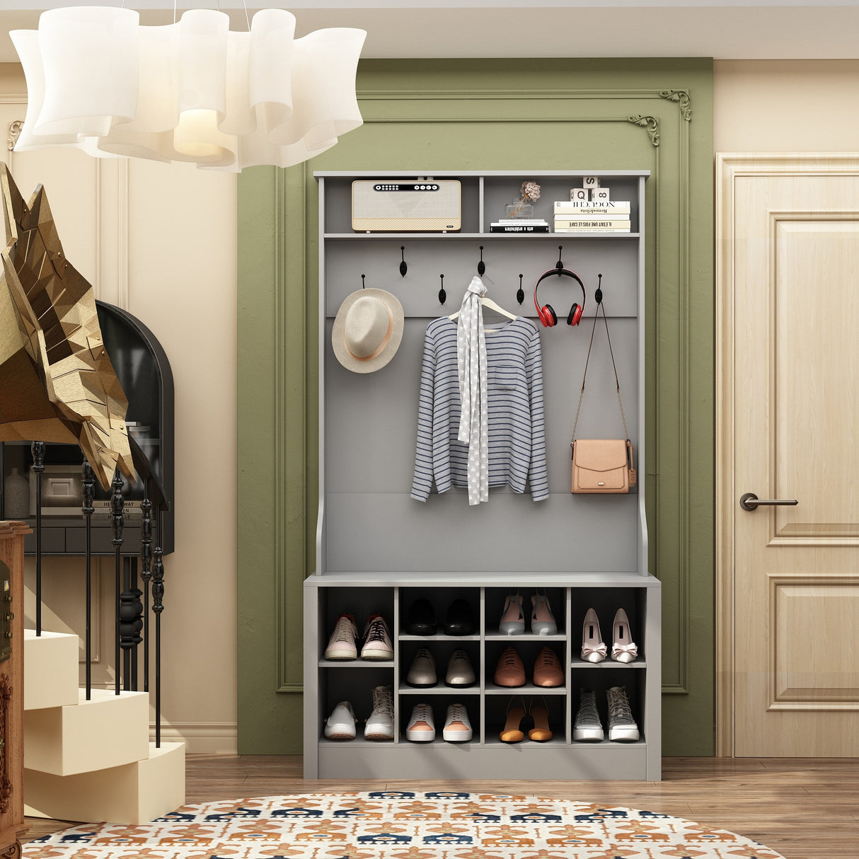 Entryway Hall Trees Bench Shoe Storage Cabinet Coat Rack Hooks White