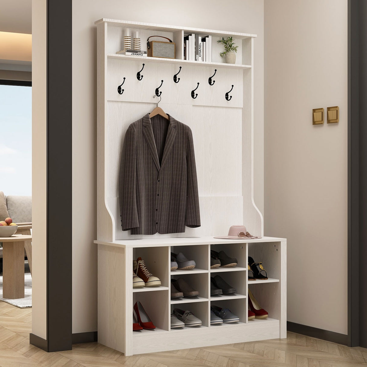 Entryway Hall Trees Bench Shoe Storage Cabinet Coat Rack Hooks White