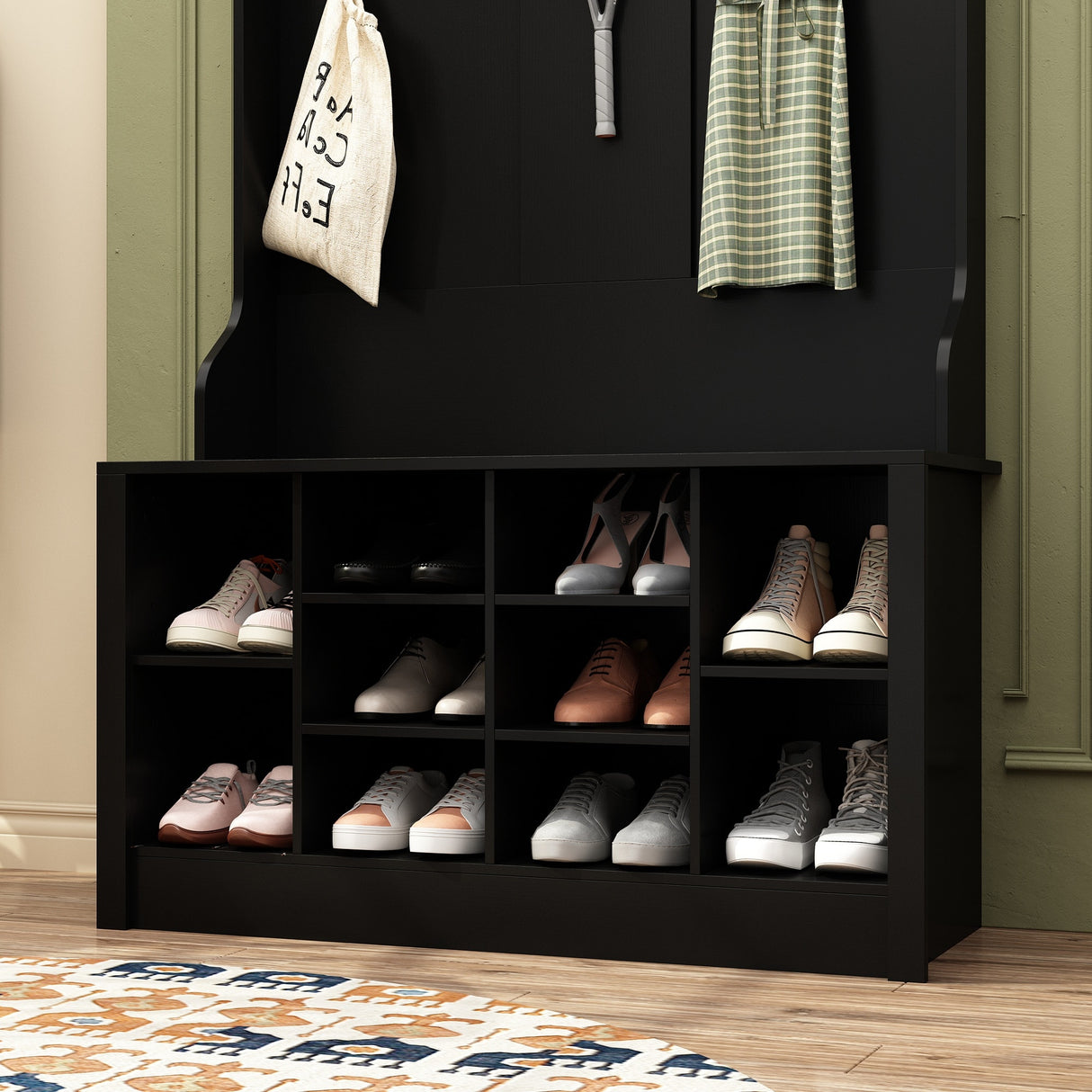 Entryway Hall Trees Bench Shoe Storage Cabinet Coat Rack Hooks White