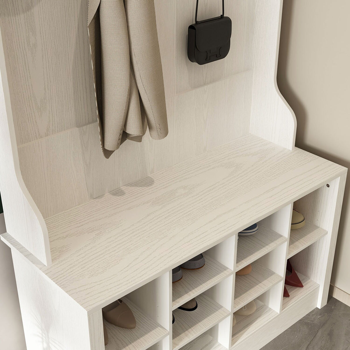 Entryway Hall Trees Bench Shoe Storage Cabinet Coat Rack Hooks White