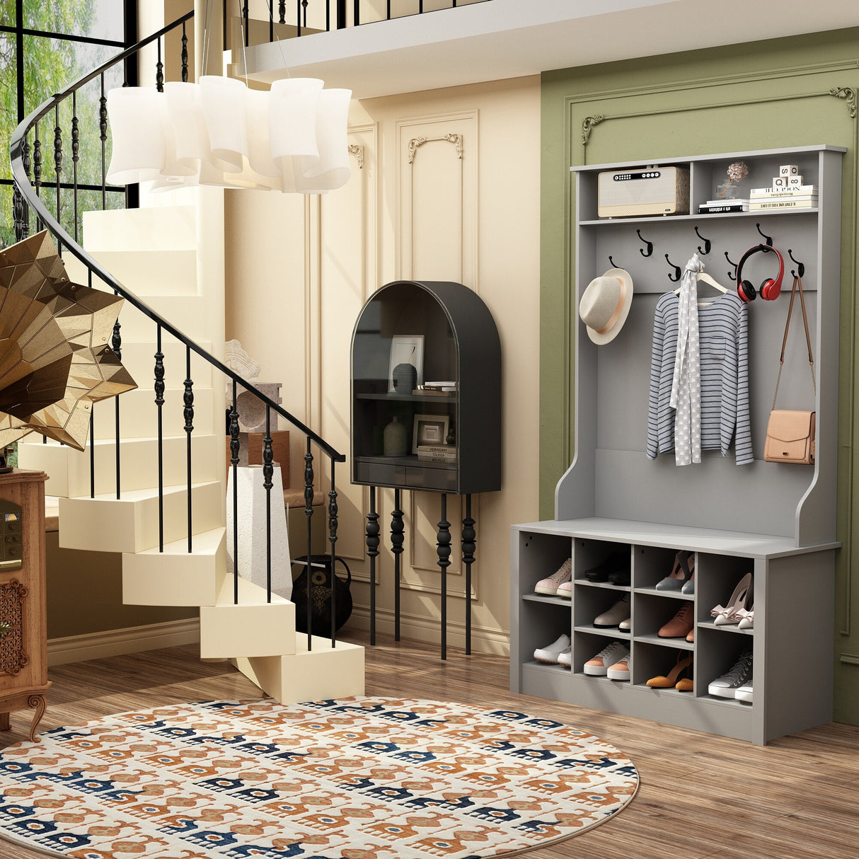 Entryway Hall Trees Bench Shoe Storage Cabinet Coat Rack Hooks White