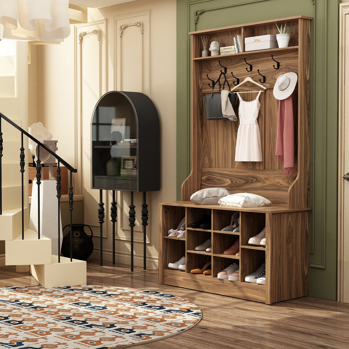 Entryway Hall Trees Bench Shoe Storage Cabinet Coat Rack Hooks White