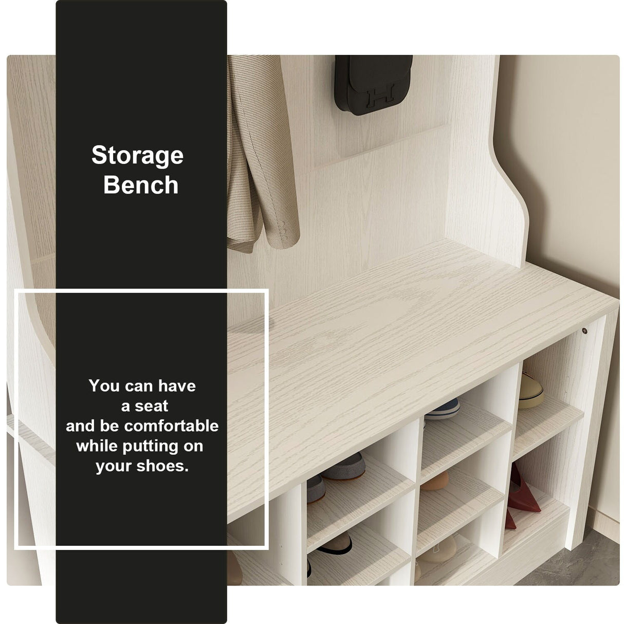 Entryway Hall Trees Bench Shoe Storage Cabinet Coat Rack Hooks White