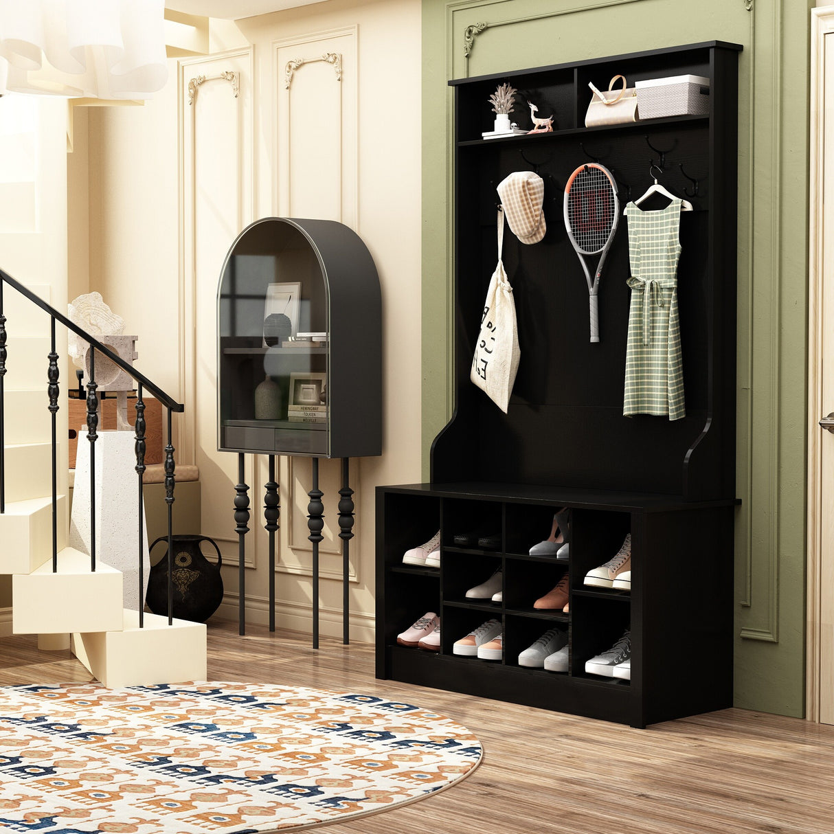 Entryway Hall Trees Bench Shoe Storage Cabinet Coat Rack Hooks White