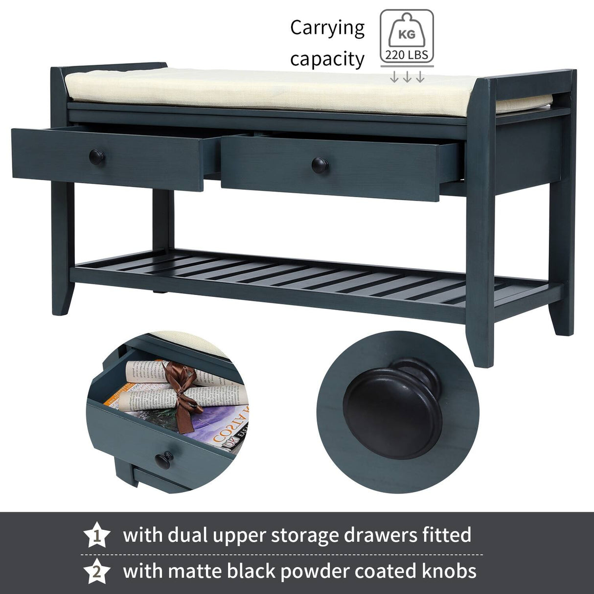 Entryway Storage Bench with Cushioned Seat and Drawers - 39"L x 14"W x 19.8"H