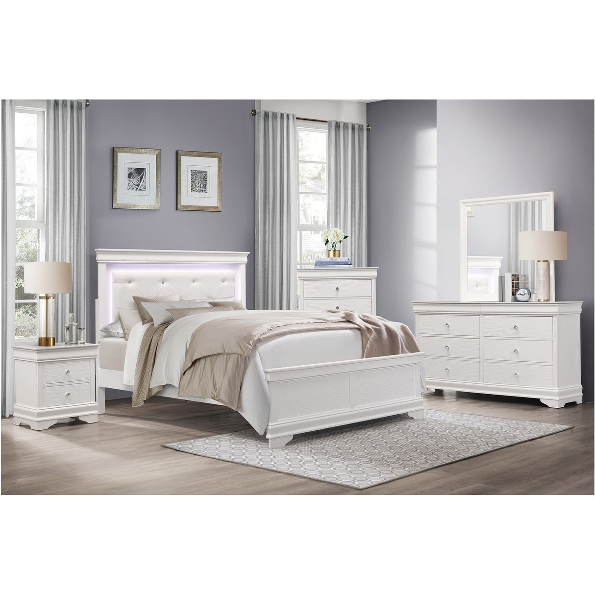 Eran 3 Piece White Modern Faux Leather Upholstered Tufted LED Panel Bedroom Set