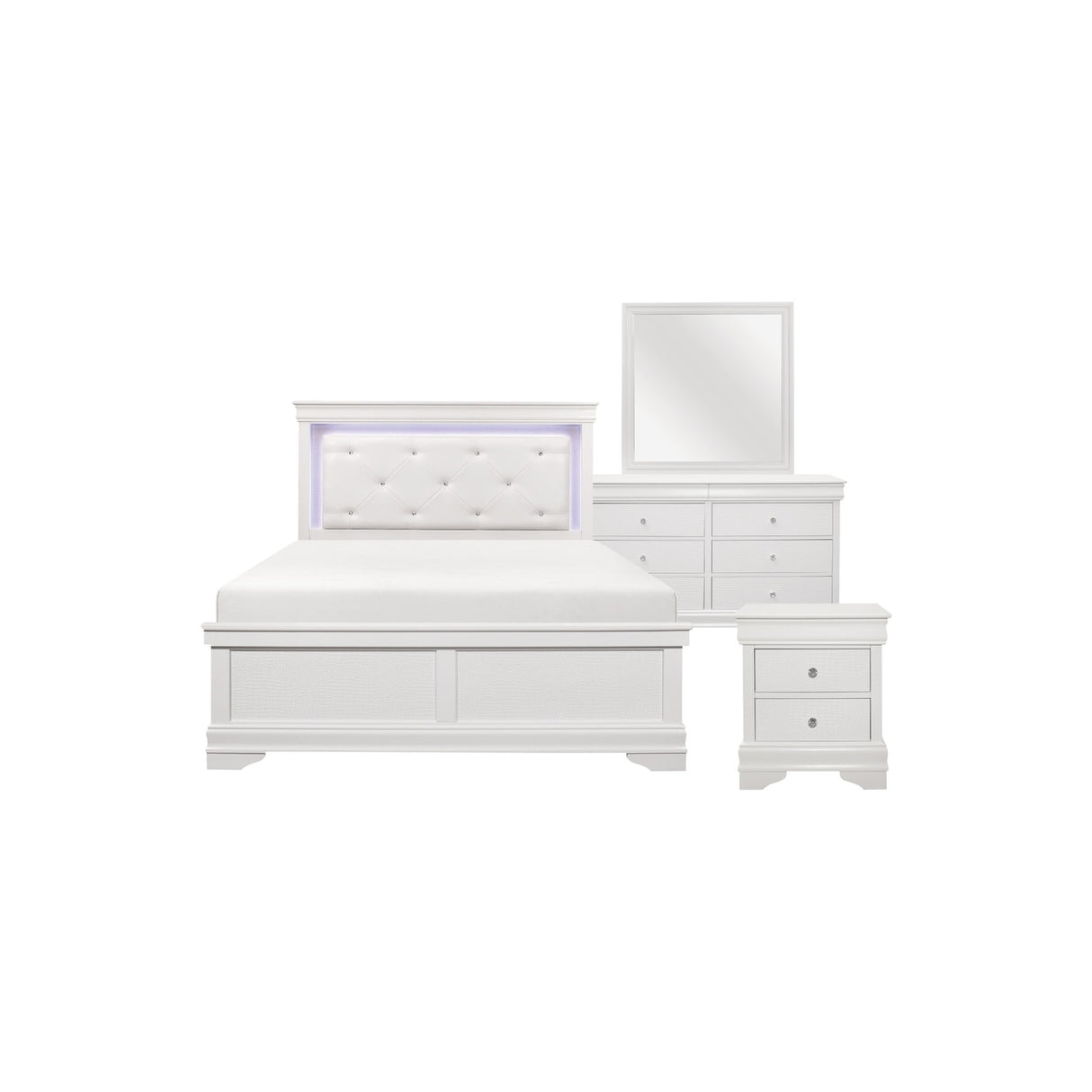 Eran 3 Piece White Modern Faux Leather Upholstered Tufted LED Panel Bedroom Set