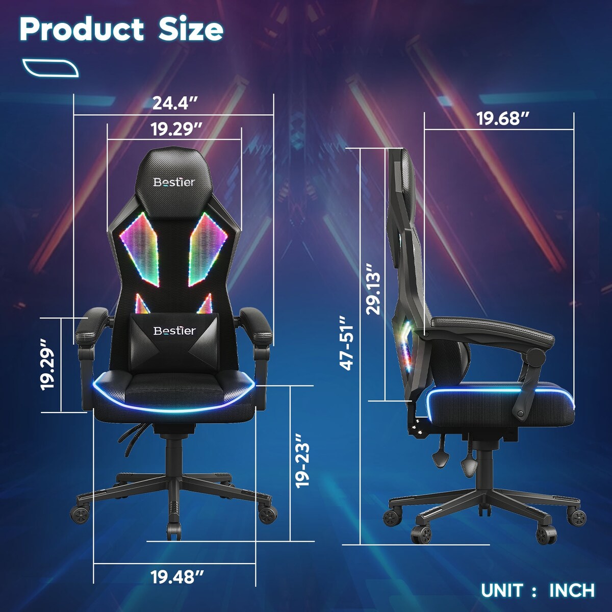 Ergonomic Gaming Chair with RGB LED Lights, Ventilated Fabric Computer Chair with Pocket Spring Cushion and Articulated Armrests