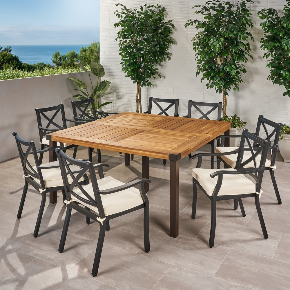 Esfera Outdoor 8 Seater Acacia Wood and Cast Aluminum Dining Set with Cushions by Christopher Knight Home