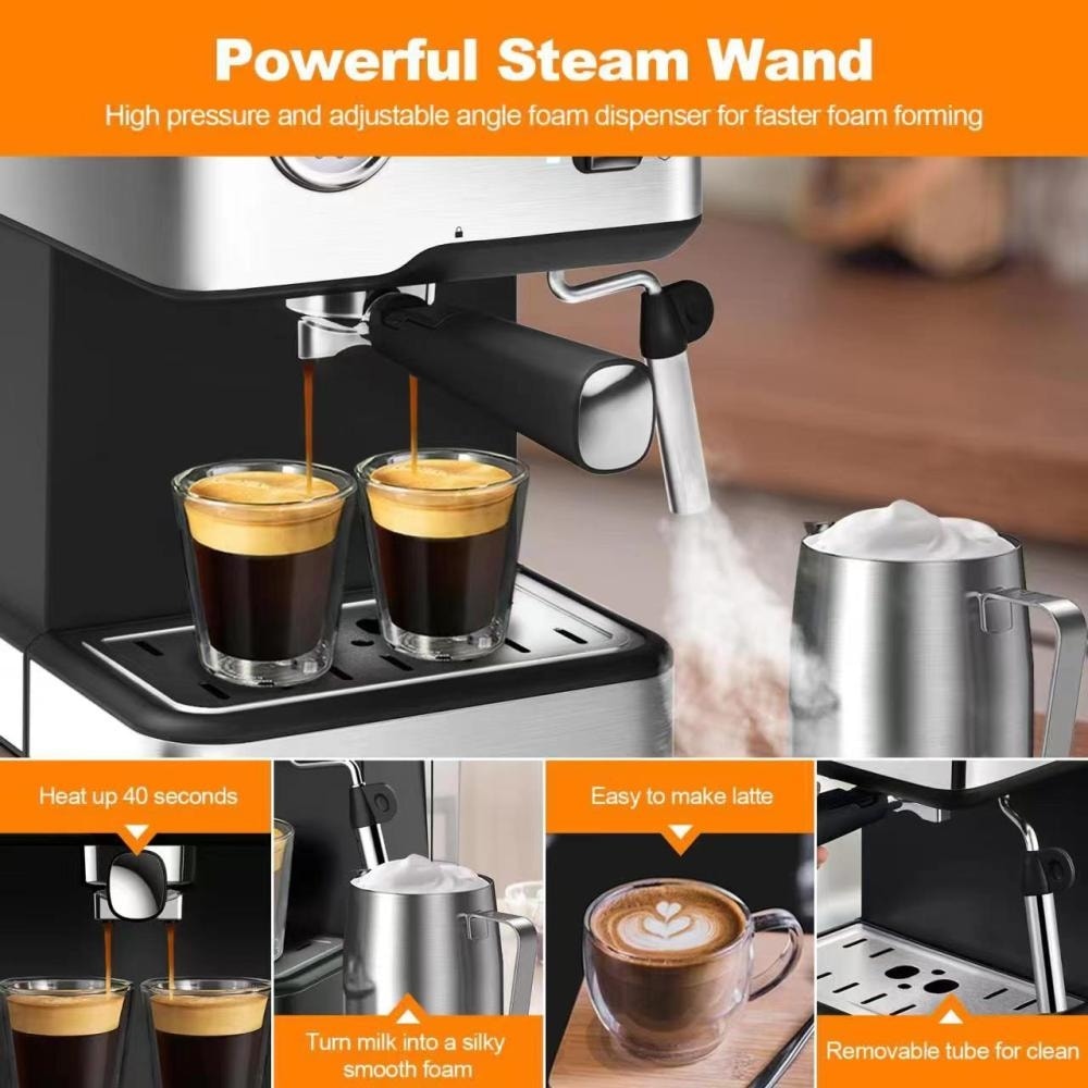 Espresso Machine with Pressure Gauge Milk Frother Steam Wand Silver