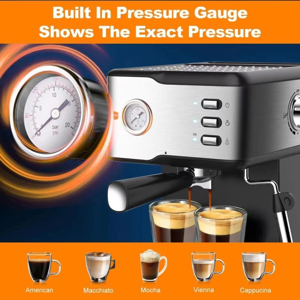 Espresso Machine with Pressure Gauge Milk Frother Steam Wand Silver