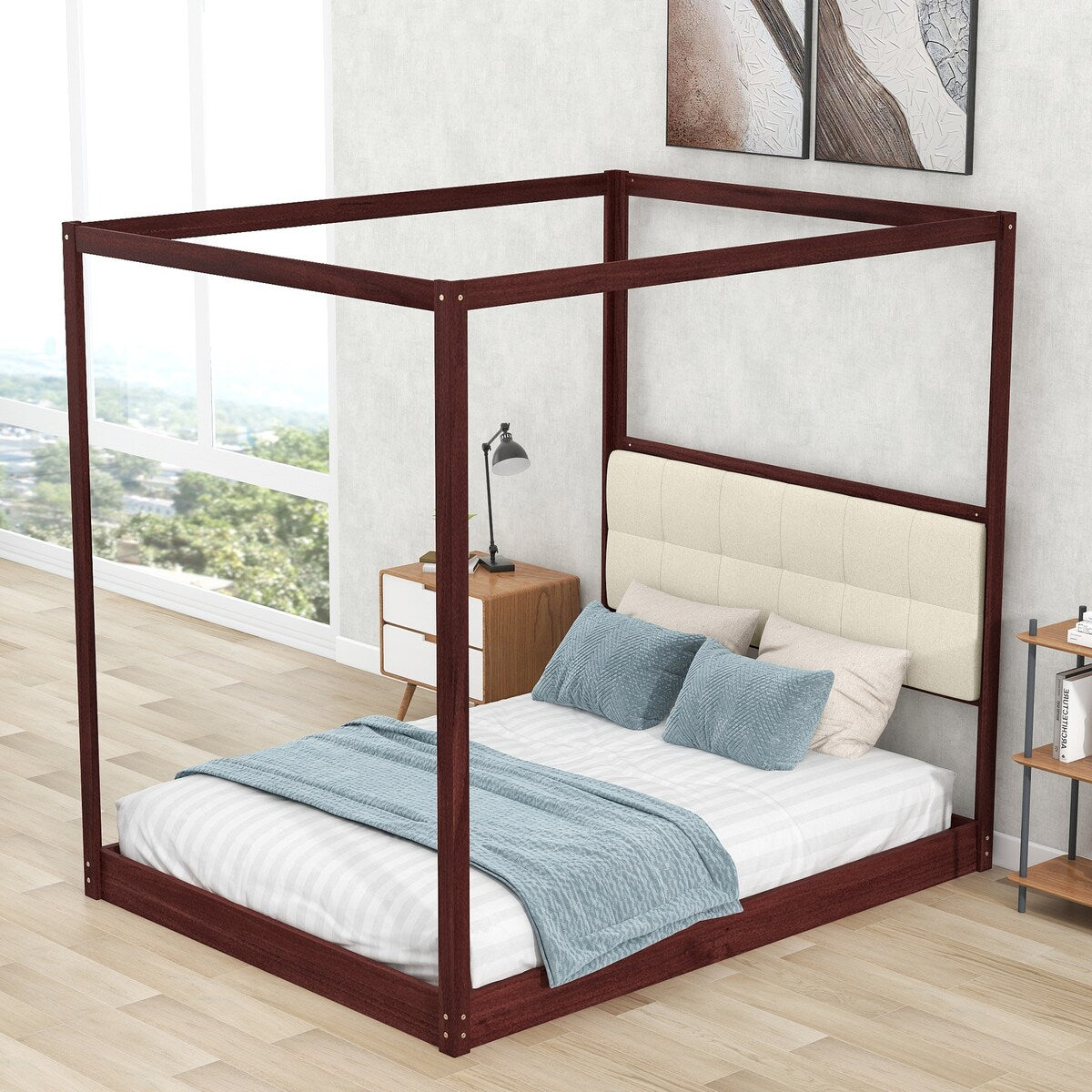 Espresso Queen Size Wooden Canopy Platform Bed Upholstered Headboard