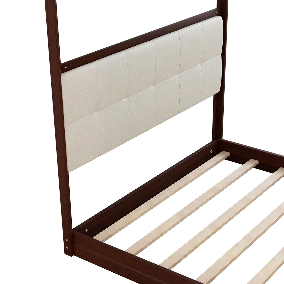 Espresso Queen Size Wooden Canopy Platform Bed Upholstered Headboard