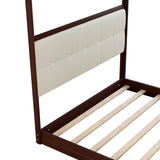 Espresso Queen Size Wooden Canopy Platform Bed Upholstered Headboard