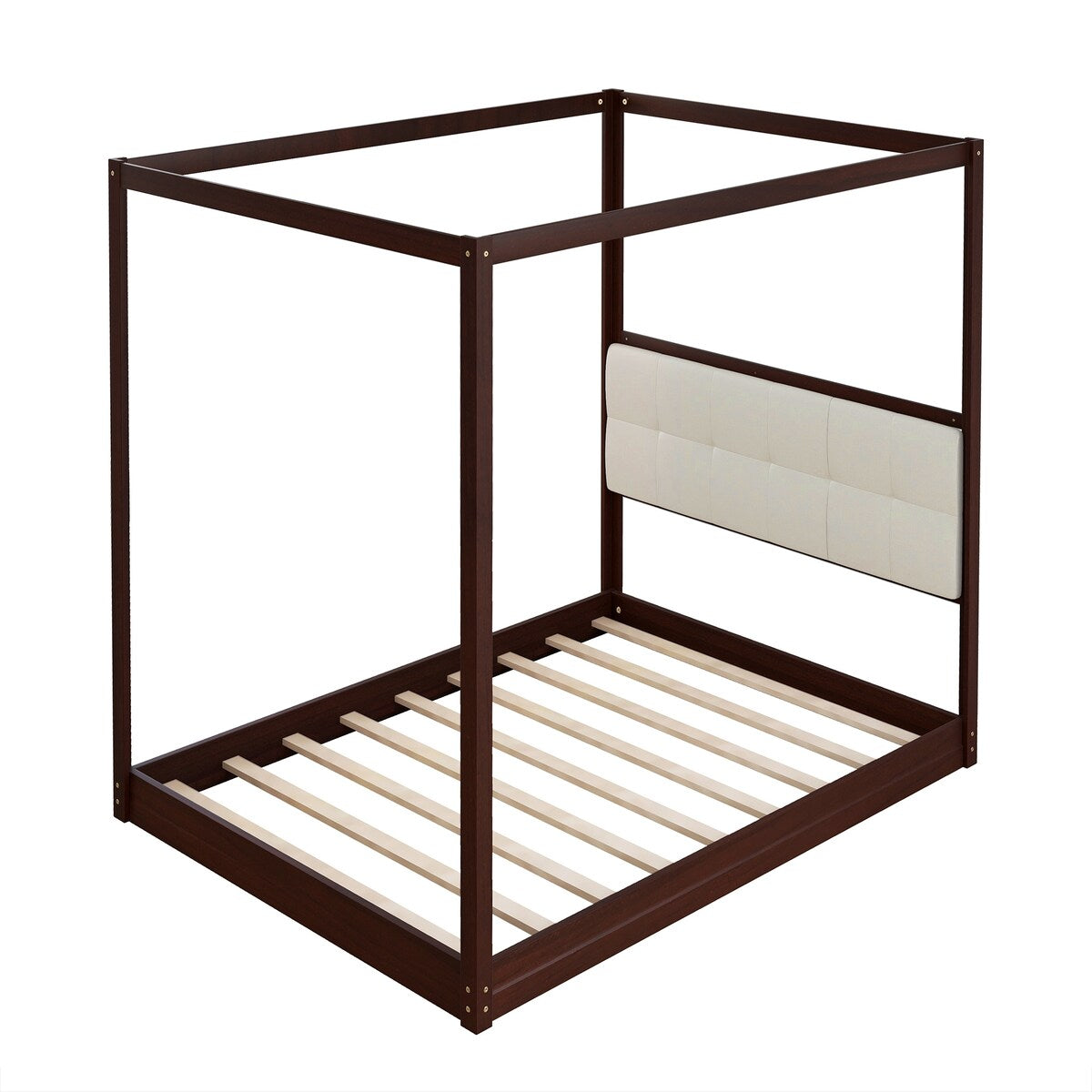 Espresso Queen Size Wooden Canopy Platform Bed Upholstered Headboard
