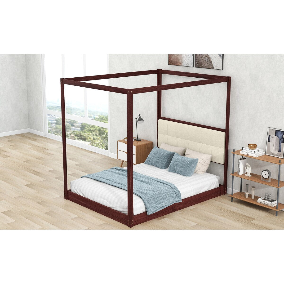 Espresso Queen Size Wooden Canopy Platform Bed Upholstered Headboard