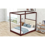 Espresso Queen Size Wooden Canopy Platform Bed Upholstered Headboard