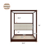 Espresso Queen Size Wooden Canopy Platform Bed Upholstered Headboard