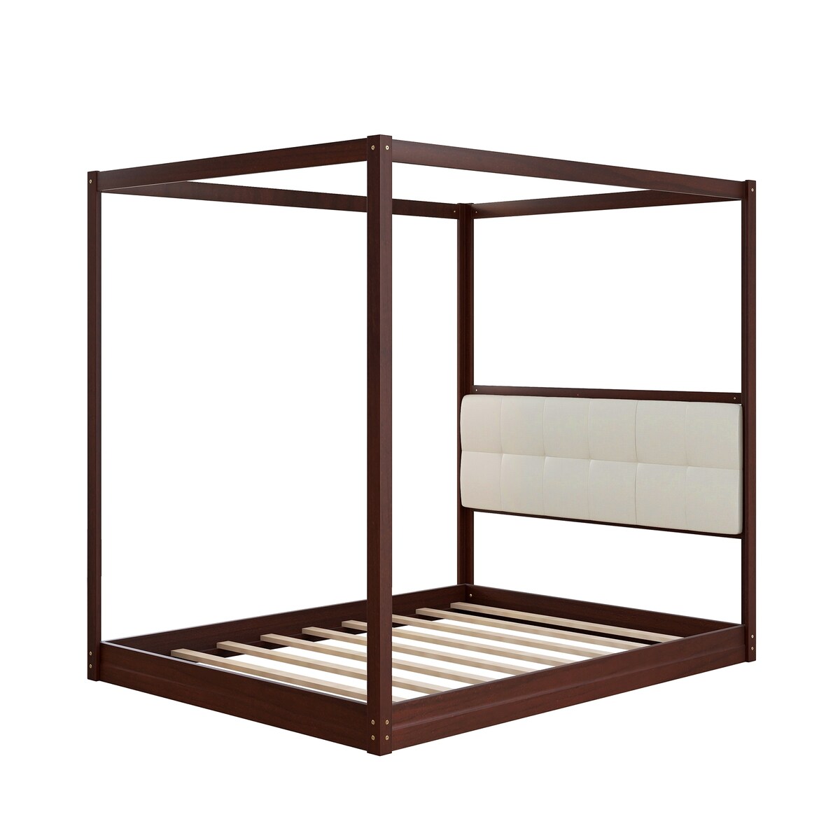 Espresso Queen Size Wooden Canopy Platform Bed Upholstered Headboard