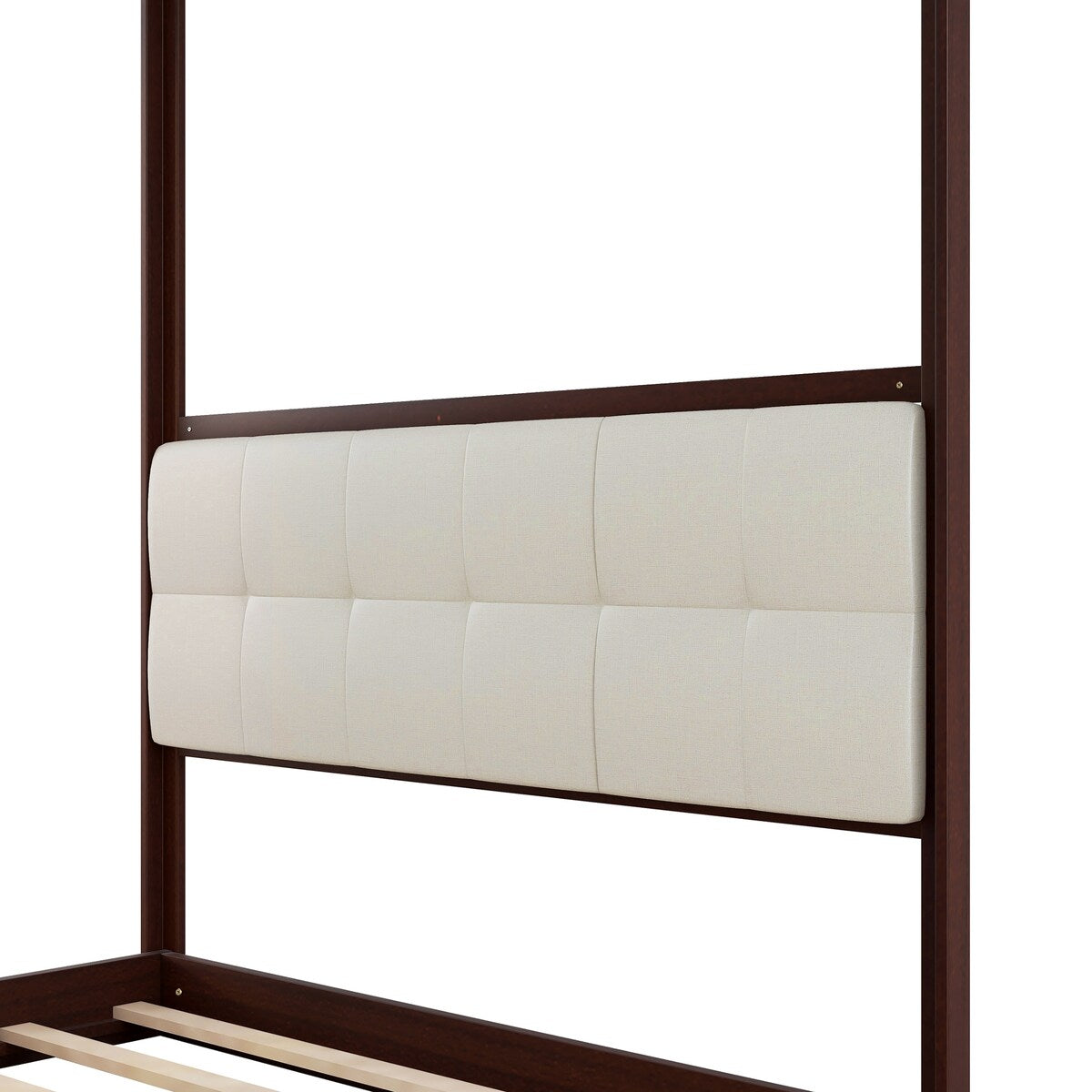 Espresso Queen Size Wooden Canopy Platform Bed Upholstered Headboard