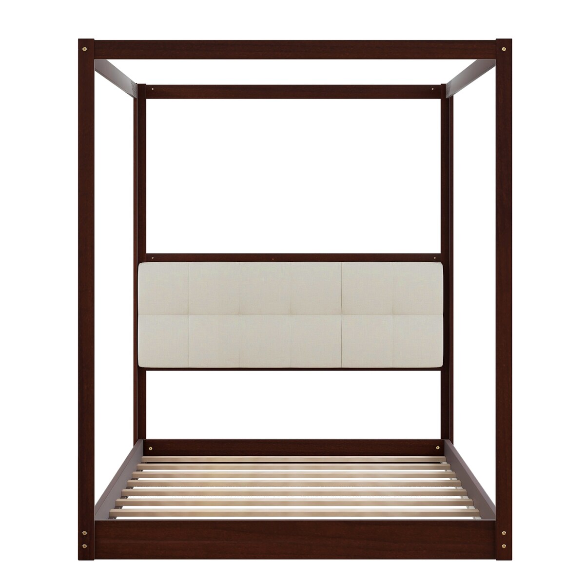 Espresso Queen Size Wooden Canopy Platform Bed Upholstered Headboard