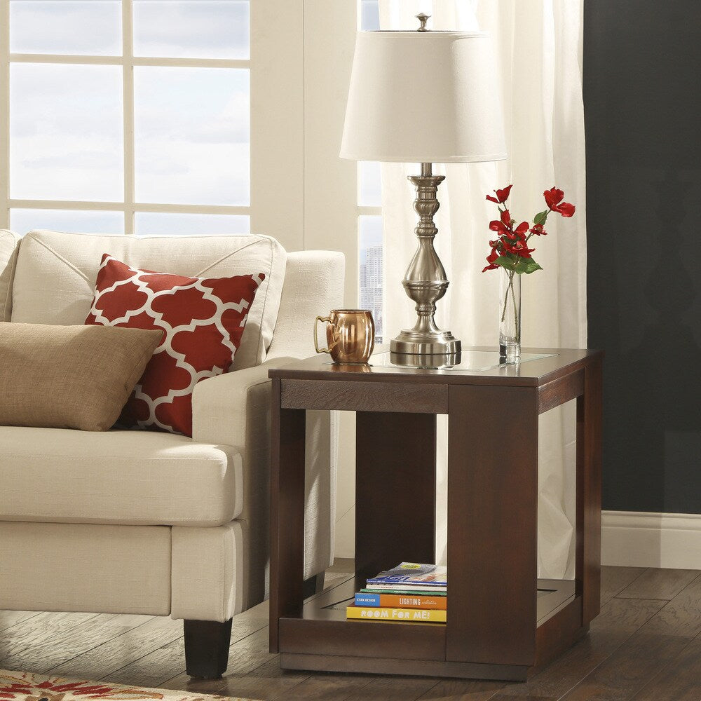 Essex Brown Rectangle Wood Glass End Table with Shelf