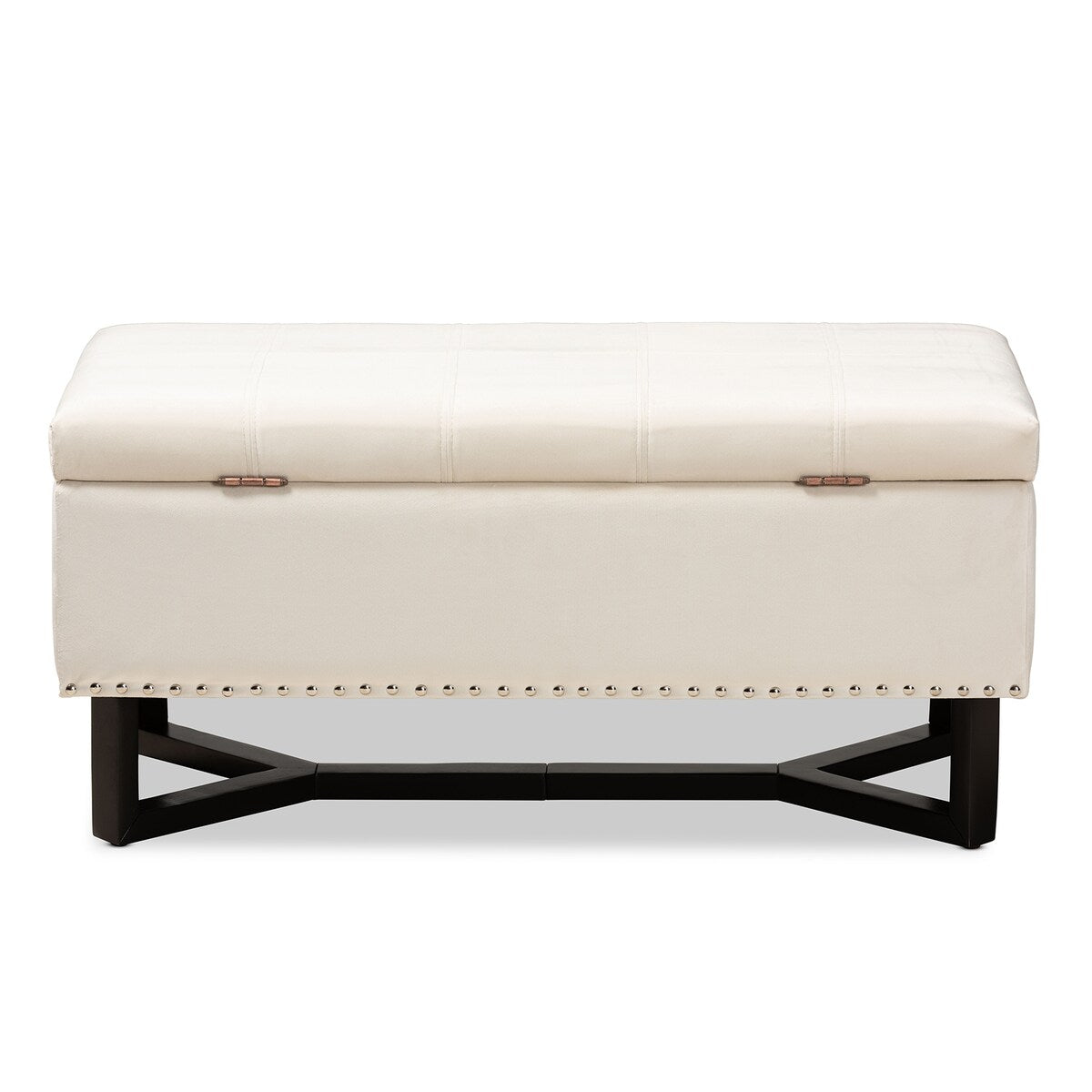 Esther Modern and Contemporary Beige Velvet Fabric Upholstered and Dark Brown Finished Wood Storage Ottoman